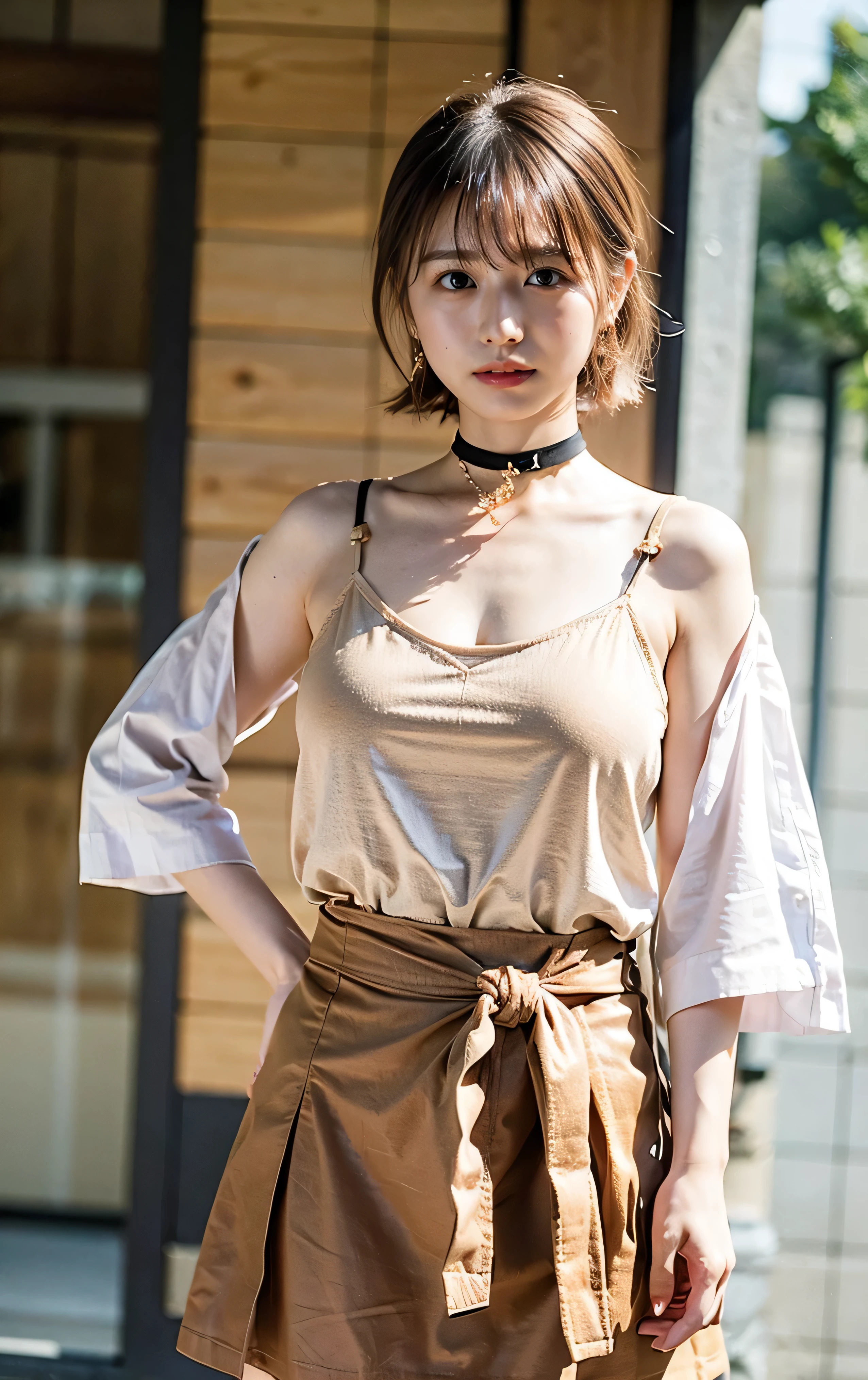 Japanese Idols、The sun is dazzling、choker、Holding a white puppy。((light beige hair color、Side Ponytail:1.4))、Checked Skirt、No sleeve、Outdoor Shot、Cute clothes、Tie your hair up、cream hair color、Leather Belt、Her huge breasts are obvious even from her clothes.、Small earrings、Light brown hair color、Tie your hair up:1.4))、Shiny Hair、Light beige hair color、Background Blur、Braid only the front hair、Light brown hair、{{Cowgirl Shot}}、((Close-up shot from the waist up、Big Breasts:1.4))、Big Breasts、Smile、Silk clothing、Big Breasts that can be seen even through clothes、Braid only the front hair、Cowboy Shot、A luxurious white collared silk shirt and a checked skirt、Elegant attire、Luxury Bags、A lovely smile、((Skimpy clothing))、Full body photo、ring、Short skirt、Tuck your hair behind one ear、Silver Necklace、smile、 Elegant ponytail、Caustics、Highly detailed photos、Very beautiful and ideal medium short hair、Big Breasts、Super no makeup、(8k、RAW Photos、highest quality、masterpiece:1.2)、(Realistic、Realistic)、1 girl、((Big Breastedium Short Hair、Looking into the camera:1.4))、Hair blowing in the wind