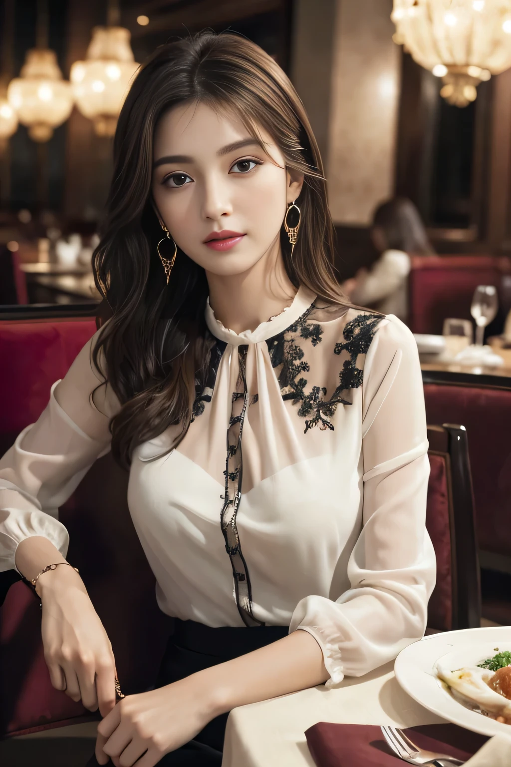 masterpiece, highest quality, Realistic, Very detailed, Finer details, High resolution, 8k wallpaper, One beautiful woman, Wear an elegant see-through blouse, In a great restaurant, At night, Light brown messy hair, Perfect dynamic composition, Beautiful and beautiful eyes、Big earrings、Sitting in a chair、