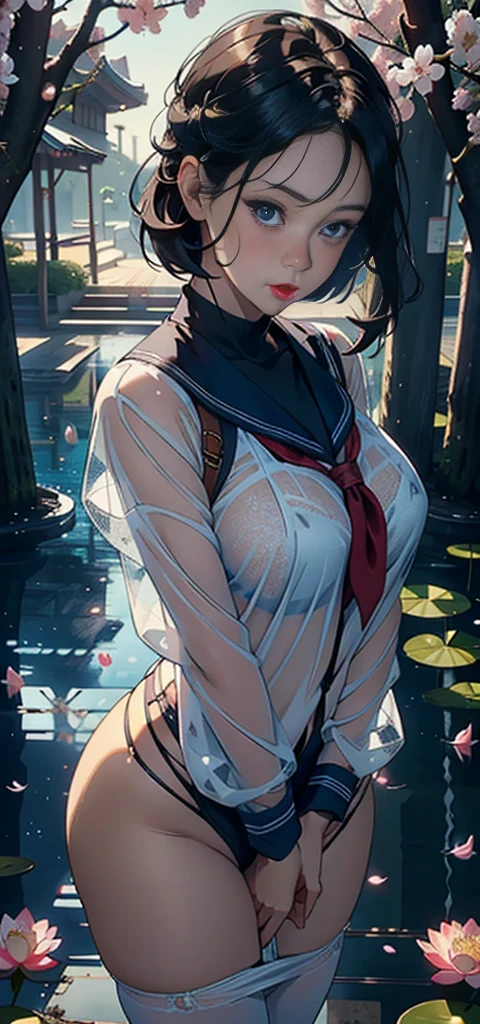 1female,45 yers old,Married Woman,MILF,plumw,extremely large bosom, solo,(Background with:ponds,Cherry blossom forest,lotus flower)standing on your feet, She has short black hair,seen from the front,, mostly cloudy sky,(((tmasterpiece),(Very detailed CG unity 8K wallpaper),best qualtiy,cinmatic lighting,detailed back ground,beatiful detailed eyes,Bright pupils,Black eyes,Snow-whiteskin,Redlip(Very fine and beautiful),(Beautiful and detailed eye description),ultra - detailed,tmasterpiece,))facing at camera,A high resolution,ultra - detailed),revealing breasts,Bare genitalia, Bulge,legs are open,Raised sexy,Camel toes,Desire for dissatisfaction,frontage,Navy,elementary student,(Wearing:see-through ,Transparent sailor uniform,Bare ,)