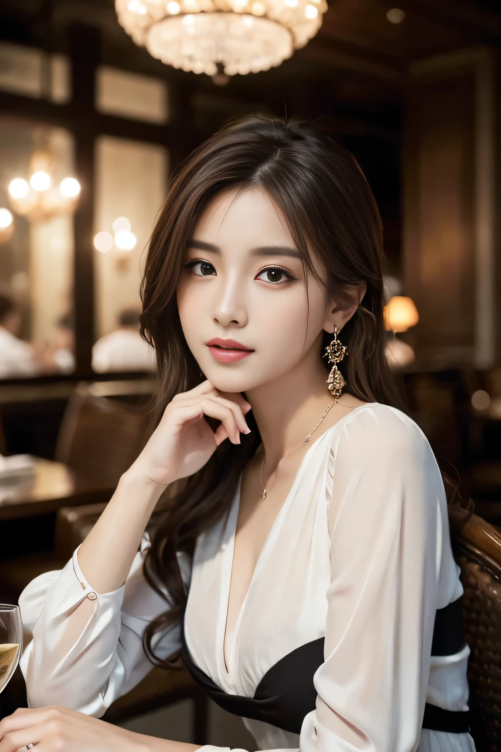 masterpiece, highest quality, Realistic, Very detailed, Finer details, High resolution, 8k wallpaper, One beautiful woman, Wear an elegant see-through blouse, In a great restaurant, At night, Light brown messy hair, Perfect dynamic composition, Beautiful and beautiful eyes、Big earrings、Sitting in a chair、