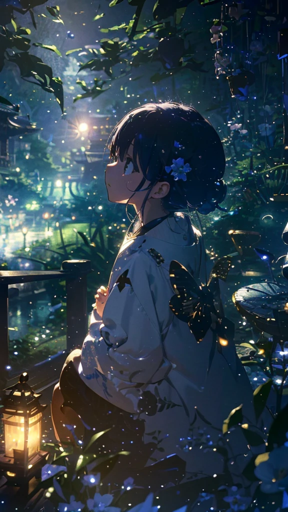 (Official art、Best Quality、Unity 8k Wallpapers、​masterpiece、ultra-detailliert、超A high resolution:1.2)、(Ultra-detailed and complex 3D rendering)、Detailed beautiful face and eyes、A slender、Medium bust、(Full body:1.2)、(sideshot、Looking up at the moon、Looking away:1.2)、Fireflies are flying、(Mystical、moonlights)、beauitful face、blurry backround、a beauty girl、Japan garden、cowboy  shot、Sit on the porch、One full moon in the sky、Moon