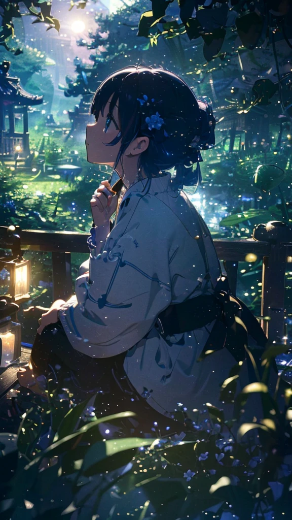 (Official art、Best Quality、Unity 8k Wallpapers、​masterpiece、ultra-detailliert、超A high resolution:1.2)、(Ultra-detailed and complex 3D rendering)、Detailed beautiful face and eyes、A slender、Medium bust、(Full body:1.2)、(sideshot、Looking up at the moon、Looking away:1.2)、Fireflies are flying、(Mystical、moonlights)、beauitful face、blurry backround、a beauty girl、Japan garden、cowboy  shot、Sit on the porch、One full moon in the sky、Moon
