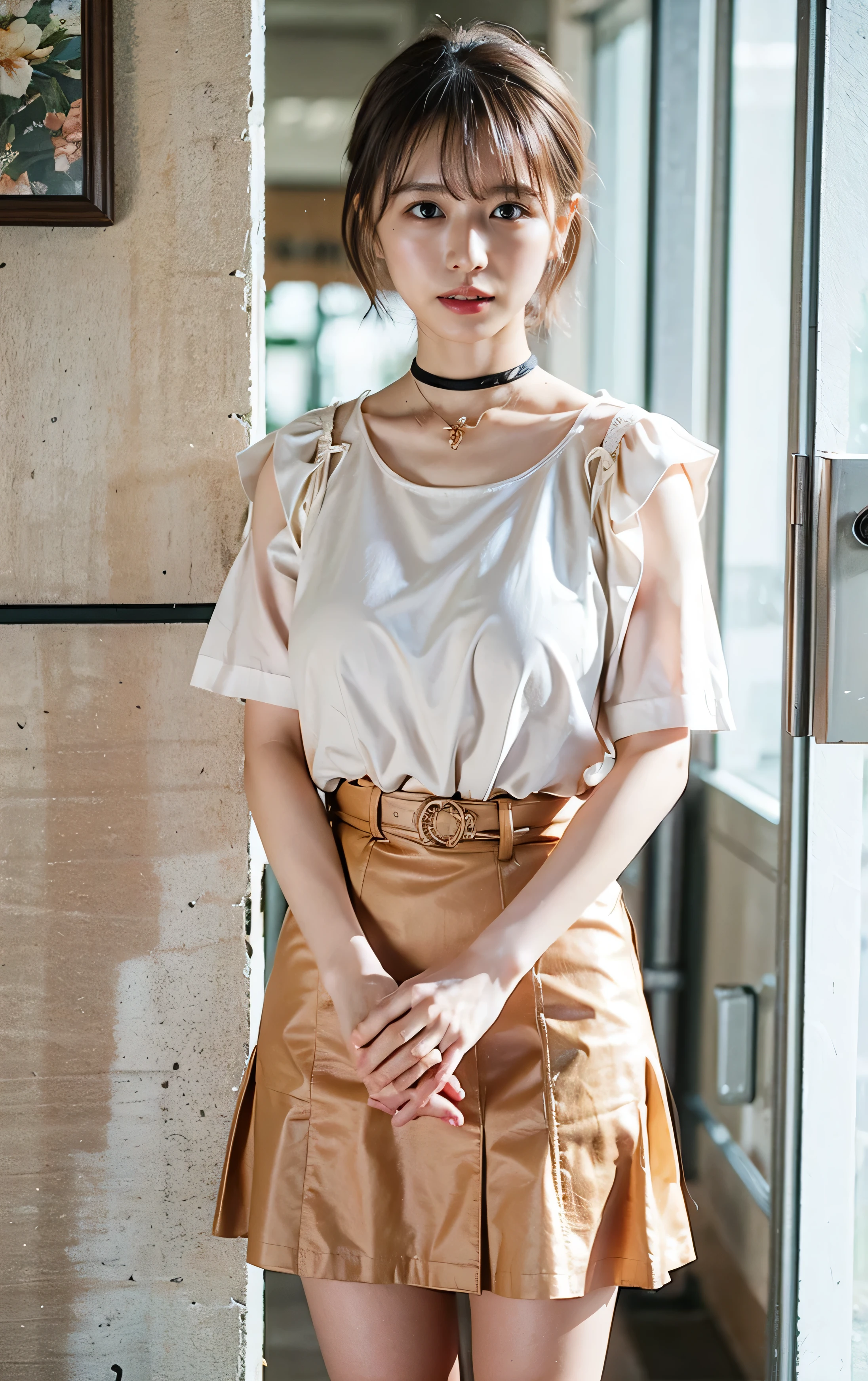 Japanese Idols、The sun is dazzling、choker、Holding a white puppy。((light beige hair color、Side Ponytail:1.4))、Checked Skirt、No sleeve、Outdoor Shot、Cute clothes、Tie your hair up、cream hair color、Leather Belt、Her huge breasts are obvious even from her clothes.、Small earrings、Light brown hair color、Tie your hair up:1.4))、Shiny Hair、Light beige hair color、Background Blur、Braid only the front hair、Light brown hair、{{Cowgirl Shot}}、((Close-up shot from the waist up、Big Breasts:1.4))、Big Breasts、Smile、Silk clothing、Big Breasts that can be seen even through clothes、Braid only the front hair、Cowboy Shot、A luxurious white collared silk shirt and a checked skirt、Elegant attire、Luxury Bags、A lovely smile、((Skimpy clothing))、Full body photo、ring、Short skirt、Tuck your hair behind one ear、Silver Necklace、smile、 Elegant ponytail、Caustics、Highly detailed photos、Very beautiful and ideal medium short hair、Big Breasts、Super no makeup、(8k、RAW Photos、highest quality、masterpiece:1.2)、(Realistic、Realistic)、1 girl、((Big Breastedium Short Hair、Looking into the camera:1.4))、Hair blowing in the wind
