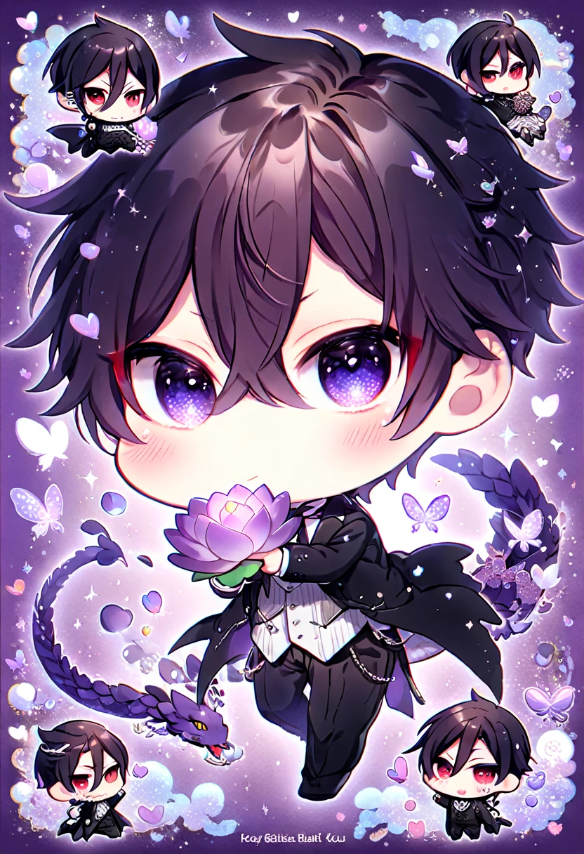 Ultra detailed, Highres, absurdres, HDR, Sebastian Michaelis chibi, black hair, expressive red eyes, black butler clothes with patterns, Kuroshitsuji, fantasy, glittering purple butterflies, petals, handsome, man, very detailed eyes and face, master piece, Black Butler, glittering, purple lotus, purple background, hugging a dragon, cute, love, magical,