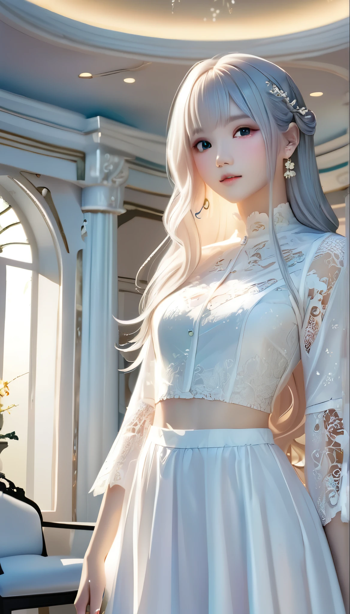 highest quality、masterpiece:1.2、超detailed、Realistic:1.37、Ultra-high resolution、RAW Photos、Realistic、One Girl、Perfect Anatomy、正Shii人体描写、Physically Based Rendering、Bioluminescent Crystals、淡く光る美Shii女性:1.5、detailed_face_Eye、Grey hair、Semi-long hair、Messy Hair、White lace outfit、女god、god々Shii、Random pose、Concept Artist、Bright and vibrant colors、Dreamy lighting、Pale colors、(((背景はgod殿、White luxury mansion、Baroque architecture、god殿が背景:1.2、豪華絢爛のgod殿:1.3、女god降臨)))、Blurred Background、Unreal Background、