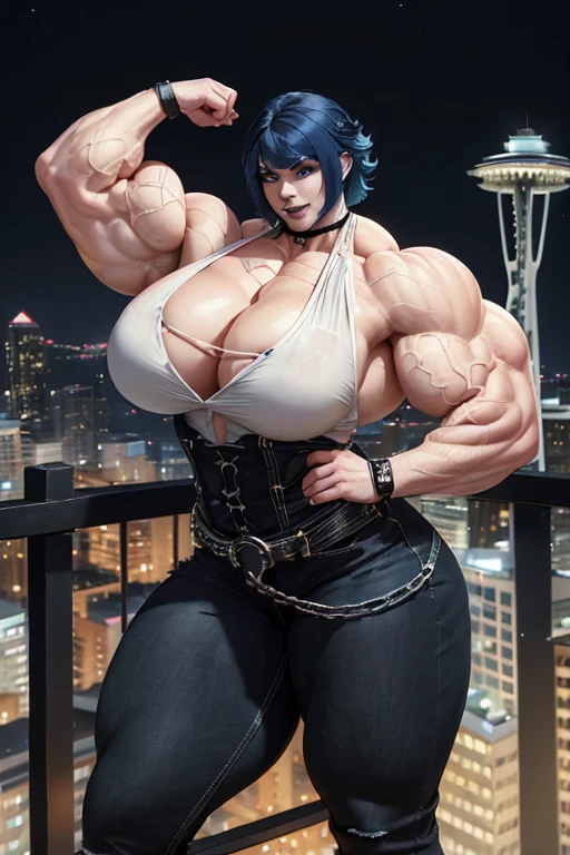 ((((Massive, beautiful, buff, pale white skinned, muscular woman with royal blue hair, black lipstick, ginormous bulky muscles and wearing a beautiful black unbuttoned blouse with black denim pants)))), (close view), massive muscles, massive biceps, hyper muscle triceps, (long curly wavy hair), black denim pants, (chain belt), white eyes, (chained gauntlets), high heels boots, (on top of the Seattle space needle), night, smug smirk, hyper muscles arms, hyper muscle legs, massive arms.