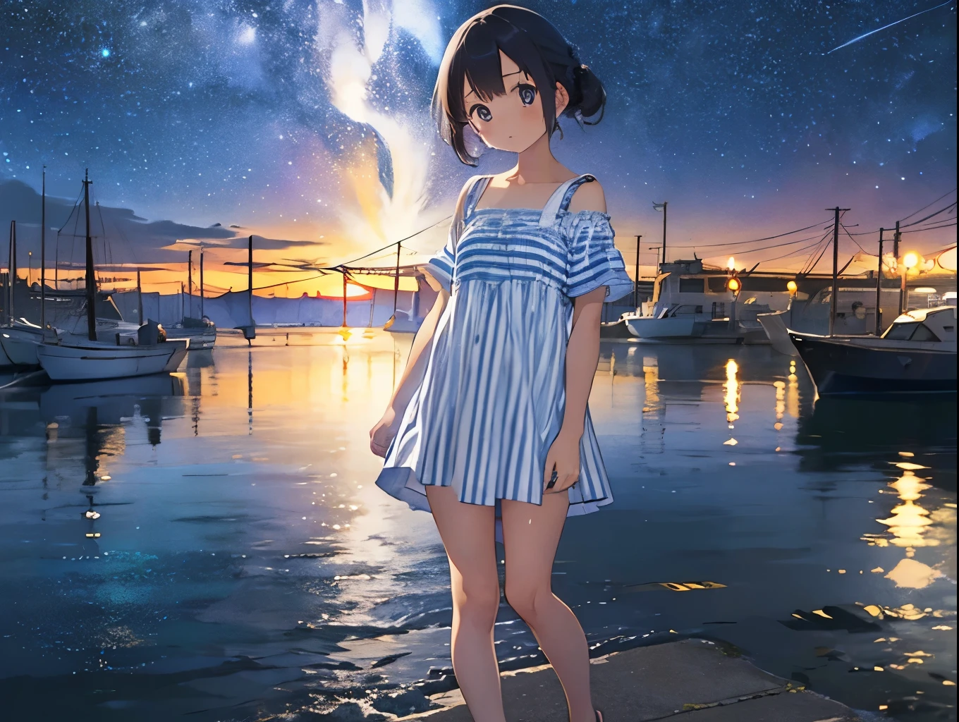 Big Dipper、Night view of the port town and starry sky、Blue and white vertical striped shirt dress、Sandals for bare feet、Sisters、ワンピースがふわりとめくれてCute white underwearが見える、Cute white underwear