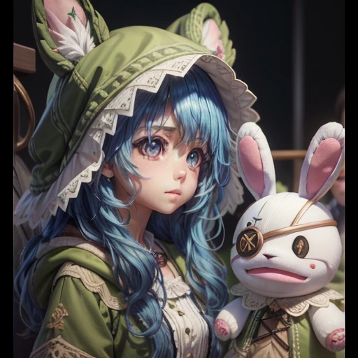 Masterpiece, best quality, best illustration, HDR, beautiful details, intricate details, detailed scenery, dramatic light, best shadow. 1 Girl, Yoshino, blue eyes, blue hair, long hair, animal ears, BREAK animal hood, coat, eye patch, green shoes, hand puppet, rabbit puppet, stuffed animal, stuffed toy, BREAK A girl has blue hair, long hair, (beautiful detailed eyes: 1.6), (bright eyes), separated pink lips, blush, (beautiful detailed face with perfect symmetry), (perfect skin with anatomical shape, correct texture perfect, high details, glowing skin). perfect lighting, vivid colors, depth of field