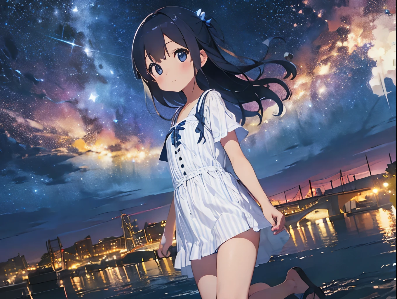 Big Dipper、Night view of the port town and starry sky、Blue and white vertical striped shirt dress、Sandals for bare feet、Sisters、ワンピースがふわりとめくれてCute white underwearが見える、Cute white underwear