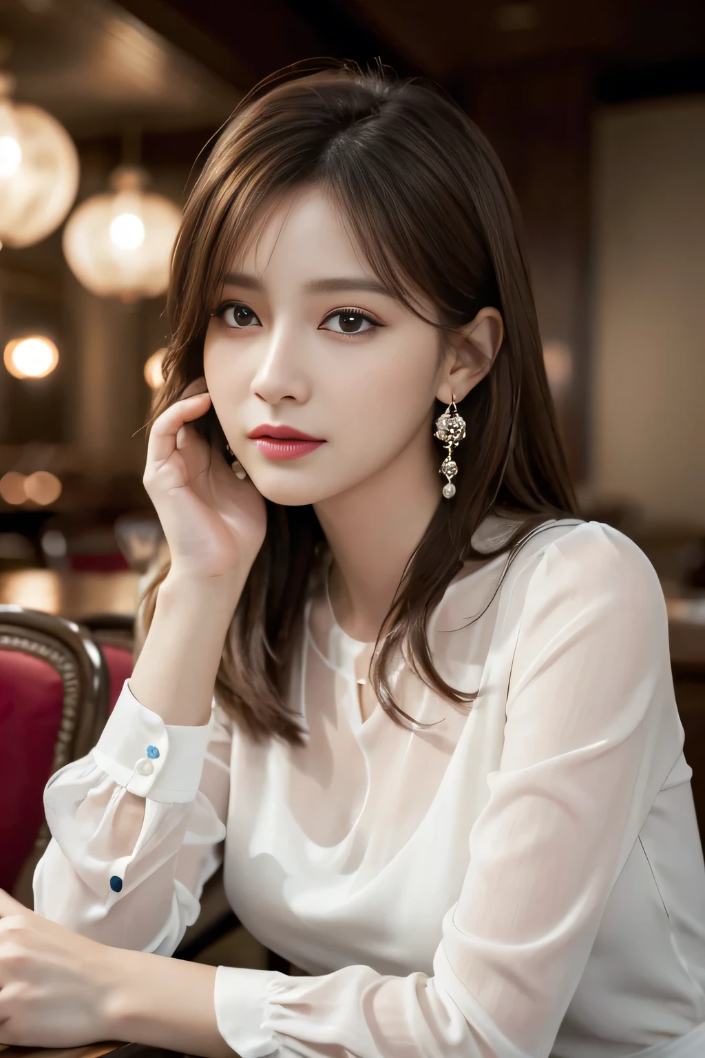 masterpiece, highest quality, Realistic, Very detailed, Finer details, High resolution, 8k wallpaper, One beautiful woman, Wear an elegant white see-through blouse, In a great restaurant, At night, Light brown messy hair, Perfect dynamic composition, Beautiful and beautiful eyes、Big earrings、Sitting in a chair、