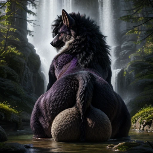 (high quality,4k,8k,highres,masterpiece:1.2),ultra-detailed,(realistic,photorealistic,photo-realistic:1.37),pixiv masterpiece,(intricate details), nsfw, chubby wet ((feral)) wolf with highly detailed black and purple fur and (((long fluffy hair))), sitting, feral, stunningly sharp-focus, charming chubby body, curvy, huge ass, very big ass, wet ass, wide hips, huge thighs, enchanting black hue, swaying tail, impressive mane, powerful presence, mesmerizing beauty, sexy posture, well-defined claws, sinister-hearted, radiant aura, captivating artwork, artistically rendered, masterful strokes, attention to detail, tasteful composition, alluring charm, careful shading, great attention to anatomy, meticulous rendering, impeccable craftsmanship, vivid colors, perfect balance between realism and fantasy, wet, sweaty, big fluffy tail, thick tail, squish focus, Landscape shot, ((huge haunches, huge hips, huge thighs, huge ass)), ((hyper balls, huge balls, scaled balls, huge fluffy sheath, presenting sheath, canine penis tip, flufffy balls)), huge fluffy tail, leaking precum, animal genitalia