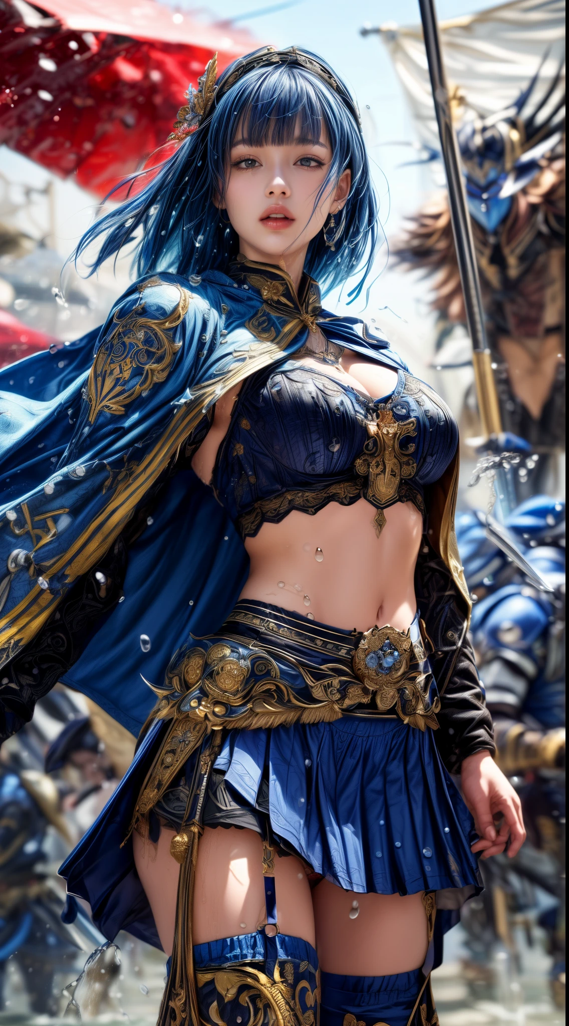 Very beautiful woman、Slender women、(Detailed face)、Realistic Skin、((holy knight)), ((Navy Blue Armor))、((((Black armor with very fine and intricate decoration:1.1))))、((Delicate photo))，(Girl Astepeace RAW Photo Details:1.25), (highest quality:1.6), (超A high resolution:1.5), (Realistic:1.75), 8K resolution, Canon EOS R5, 50mm, Absurd, Ultra-detailed,Cinema Lighting,((battlefield))、((battle))、(((Navy Skirt with Embellishments)))、Thigh-high socks、Shin Guards、((Dark blue hair))、((Bowl cut hairstyle with bangs,))、Get six-pack、Cape、Beautiful Armor、(((Has a huge weapon)))、(In combat)、The wind is blowing、((Symmetrical Armor))、((((Splash))))、(((Leading a large group of blue knights:1.2)))、Banner、Armor with a dragon motif、(((Battle Scene)))、((nsfw))、(((I can see her panties:1.4)))、((windy Skirt))