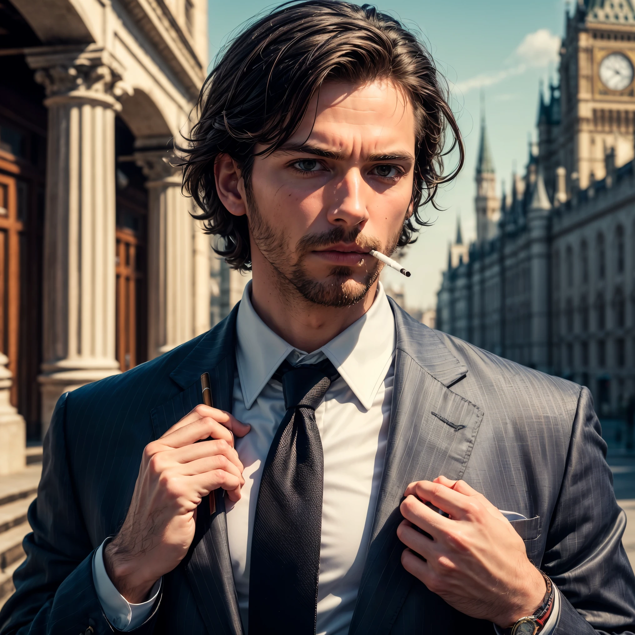 (masterpiece, best quality:1.4), portrait Solo, 30 YEARS man, ((((untied tie)))), black tie, loose, slack, beard, european, brown eyes, serious eyes, black suit, dark brown medium hair, dark hair, shoulder-length hair, wavy hair, tired eyes, unbutonned shirt, leaving work, smoking a cigarette, castle background