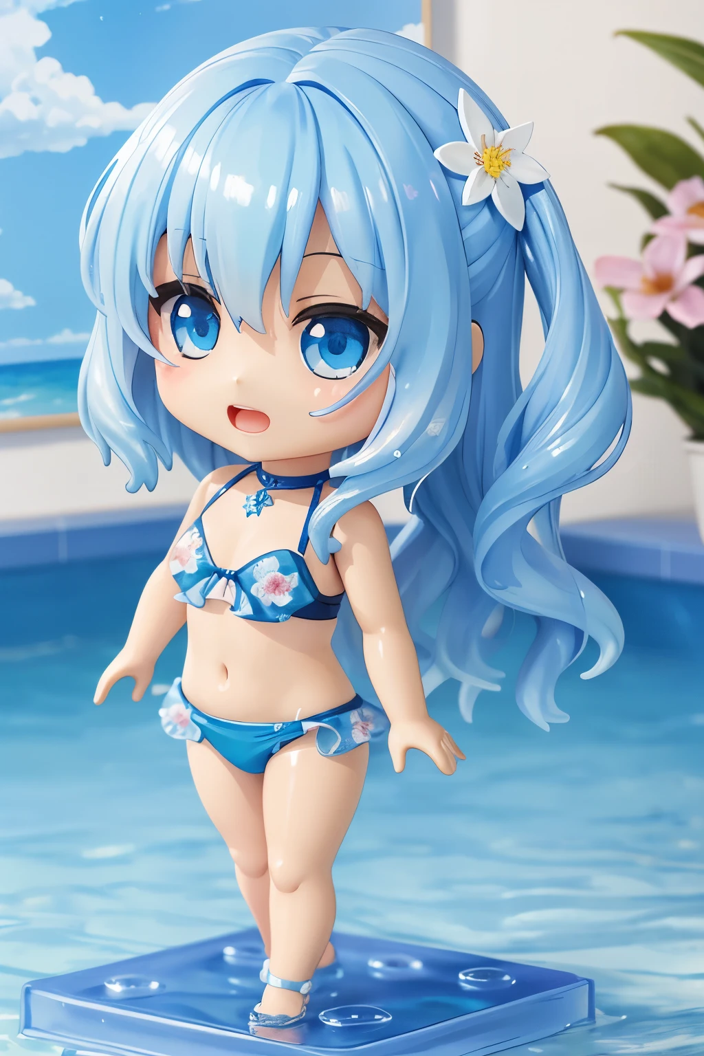 Photo realistic、Doll standing in front of the painting(Nendoroid)、頬にWater Drop、Joyful singing voice、Posing to splash water、Close one eye、Watercolor Nendoroid、(High definition figure)、Flowing iridescent silk、Close-up of face、Eyes up、Bikini Swimwear(Floral)、There are flowers in front of the Nendoroid、petal、Water Drop、season!!: summer☀ 🍂