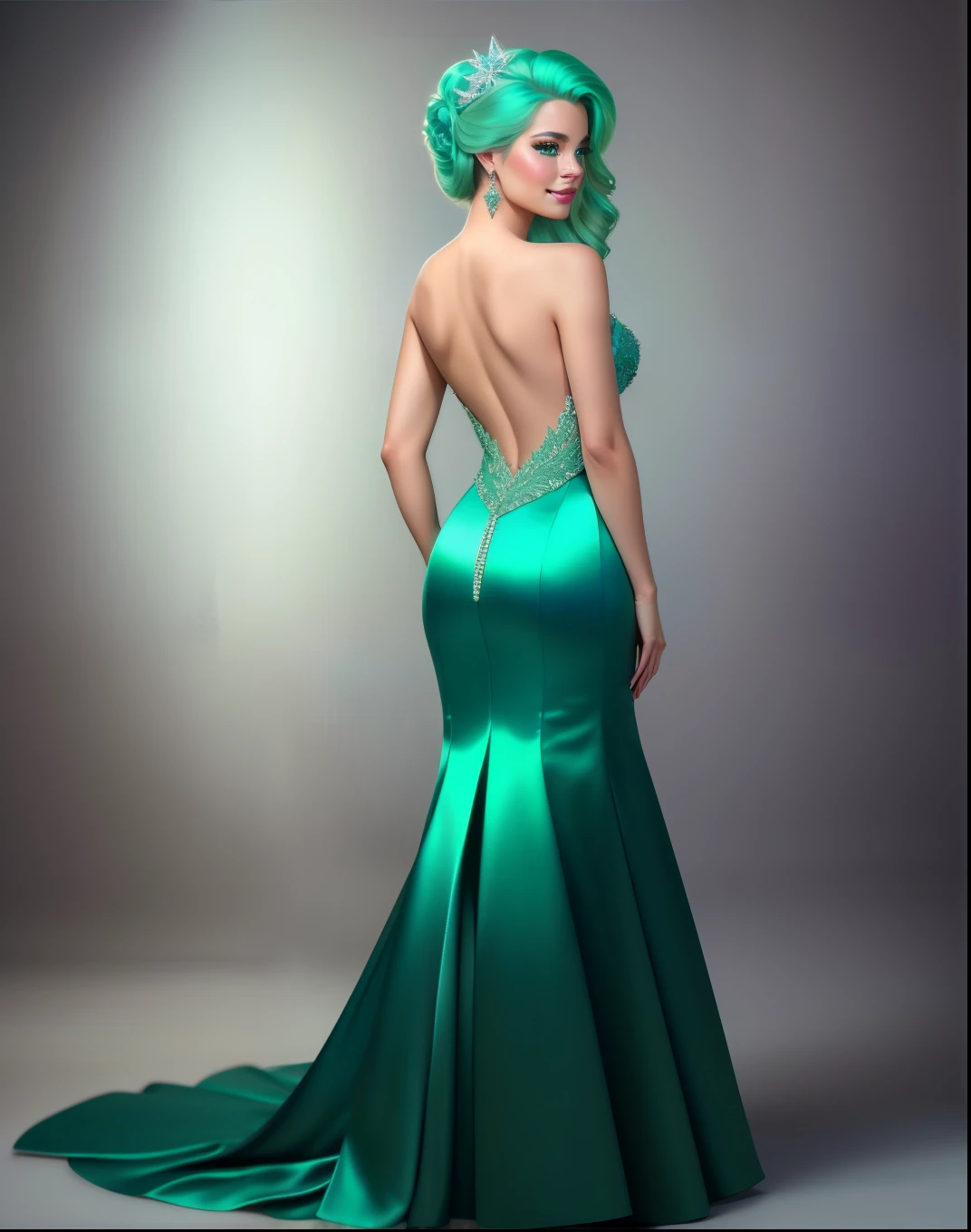 Cocktail_Dress, Masterpiece, high quality, 4K, beautiful design, shiny, from the front, award winning photo, extremely detailed, amazing, fine detail, absurdres, highly detailed green hair woman, extremely detailed, by lee jeffries nikon d850 film stock photograph 4 kodak portra 400 camera f1.6 lens rich colors hyper realistic lifelike texture dramatic lighting unrealengine trending on artstation cinestill 800 tungsten, 1girl, solo, expressive look, (smiling seductively,puffy lips, [Elsa Jean|Sophia Loren]:1.155) HDR, highest quality, sexy dress, sharp focus, looking at viewer, facing viewer, 4k,emerald green eyes beautifully detailed,a woman in a long dress standing in a room, back view, naked back dress , wearing a Cocktail_Dress upper body focus, back muscle