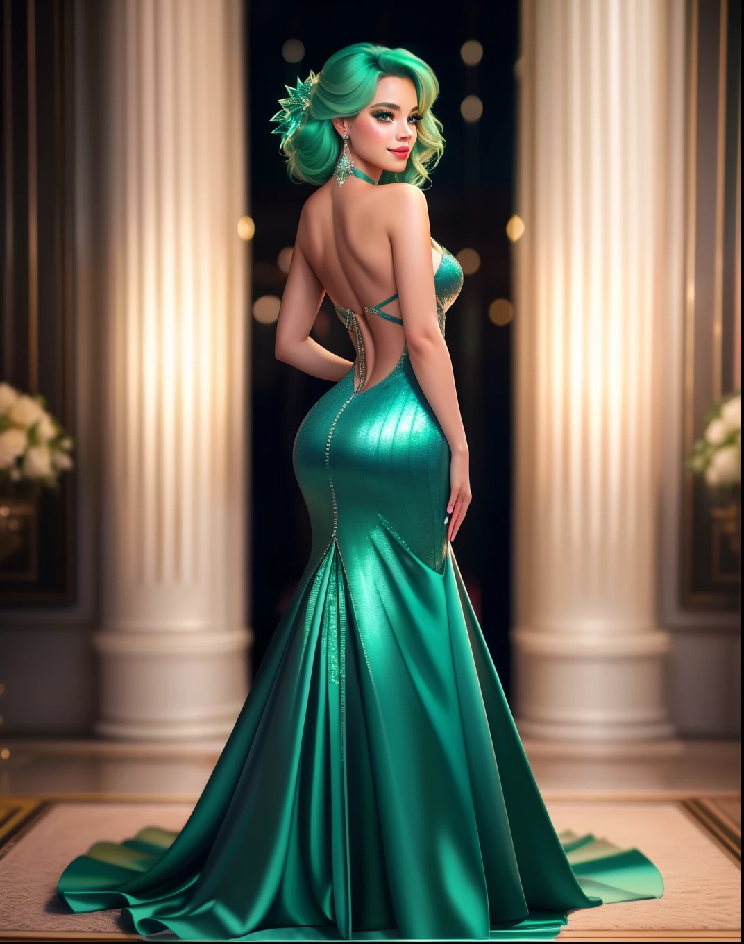 Cocktail_Dress, Masterpiece, high quality, 4K, beautiful design, shiny, from the front, award winning photo, extremely detailed, amazing, fine detail, absurdres, highly detailed green hair woman, extremely detailed, by lee jeffries nikon d850 film stock photograph 4 kodak portra 400 camera f1.6 lens rich colors hyper realistic lifelike texture dramatic lighting unrealengine trending on artstation cinestill 800 tungsten, 1girl, solo, expressive look, (smiling seductively,puffy lips, [Elsa Jean|Sophia Loren]:1.155) HDR, highest quality, sexy dress, sharp focus, looking at viewer, 4k,emerald green eyes beautifully detailed,a woman in a long dress standing in a room, back view, naked back dress , wearing a Cocktail_Dress upper body focus, muscle back 