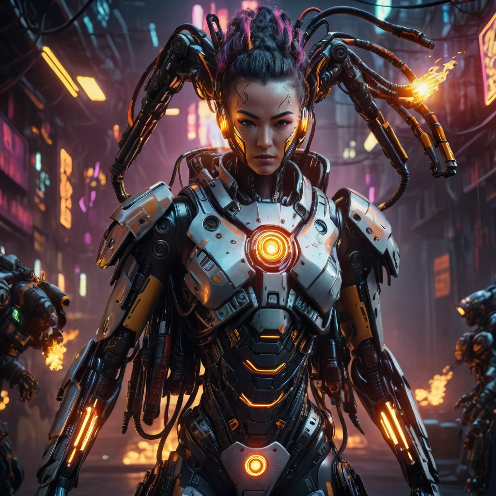 cyberpunk cybernetic revolutionaries, futuristic flame suit, flaming guns on hands, complex intricate robot body, highly detailed, photorealistic, 8k, cinematic lighting, dramatic, neon colors, moody atmosphere, science fiction, concept art style