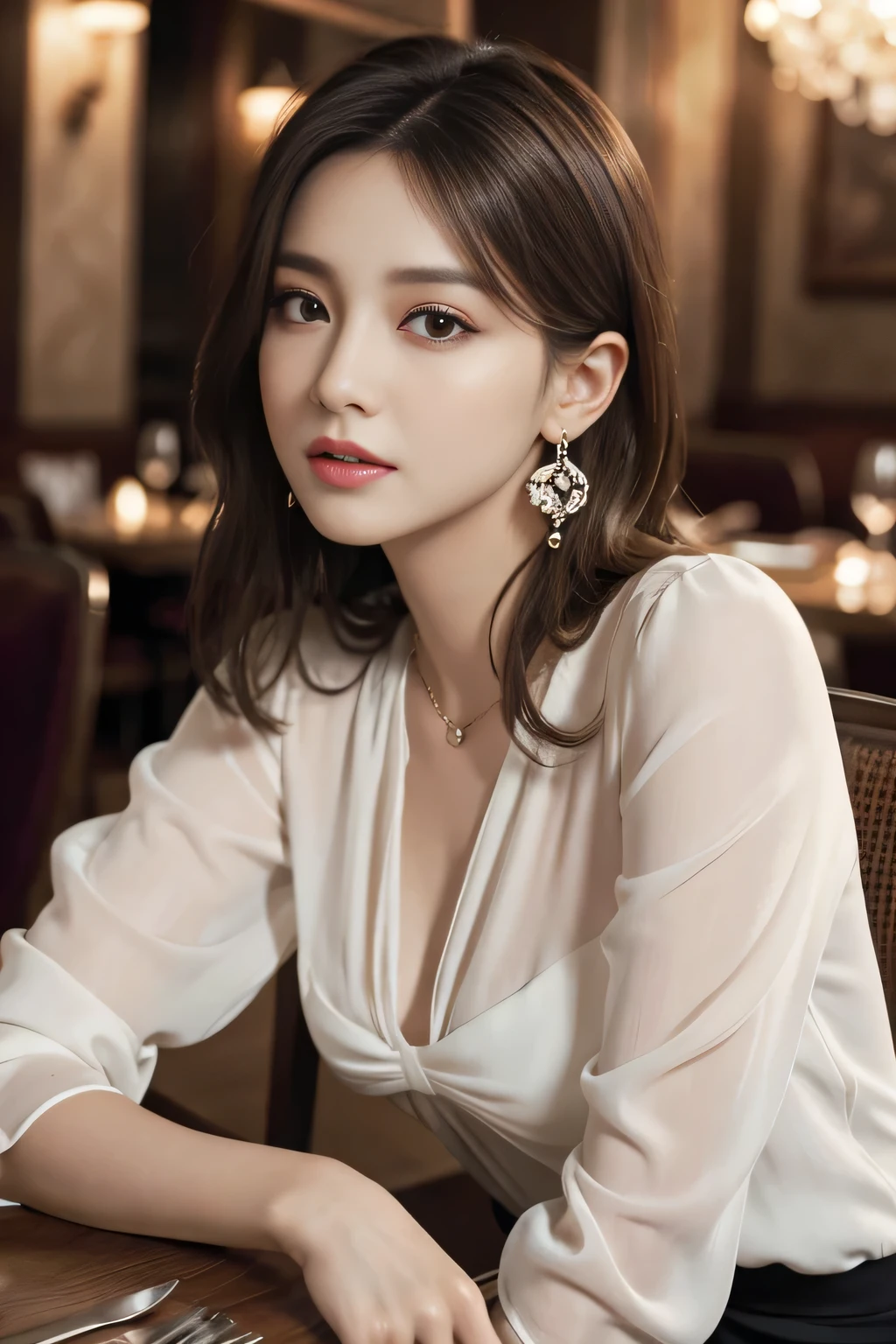 masterpiece, highest quality, Realistic, Very detailed, Finer details, High resolution, 8k wallpaper, One beautiful woman, Wear an elegant white see-through blouse, In a great restaurant, At night, Light brown messy hair, Perfect dynamic composition, Beautiful and beautiful eyes、Big earrings、Sitting in a chair、