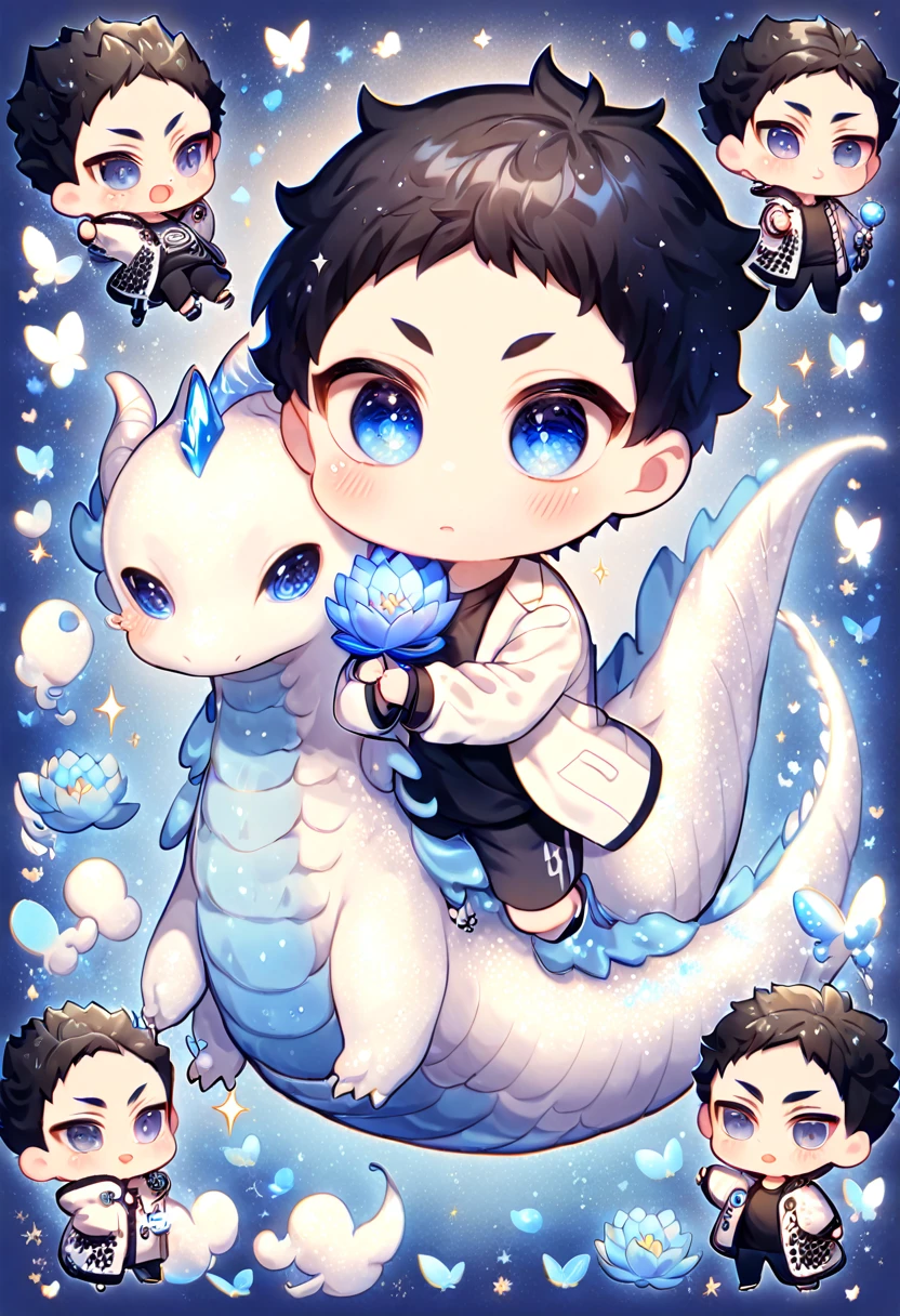 absurdres, highres, ultra detailed, HDR, master piece, best quality, Akaashi Keiji chibi, black hair, expressive dark blue eyes, haikyuu, cute, hugging a white dragon, white jacket, black shirt, patterns, magical, fantasy, blue background, blue lotus, shining, blue petals, blue glittering butterflies
