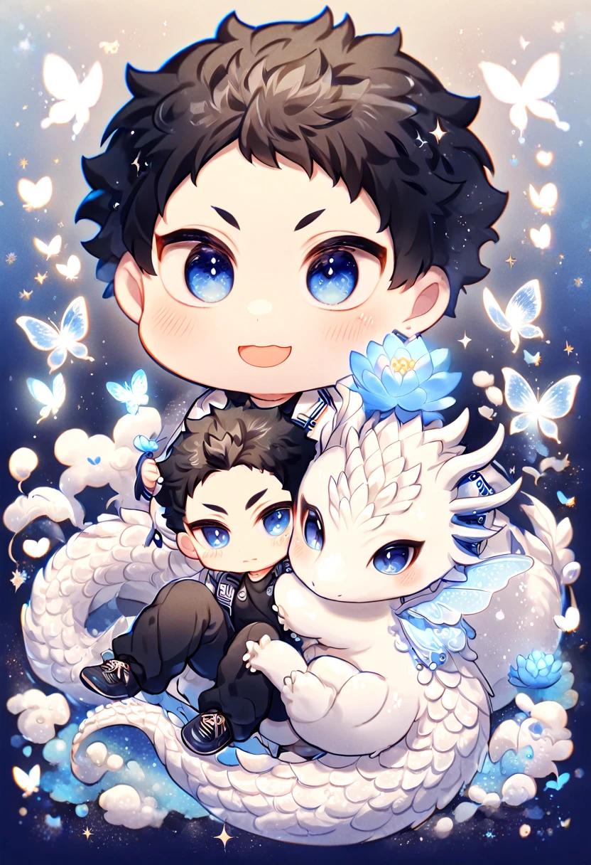 absurdres, highres, ultra detailed, HDR, master piece, best quality, Akaashi Keiji chibi, black hair, expressive dark blue eyes, haikyuu, cute, hugging a white dragon, white jacket, black shirt, patterns, magical, fantasy, blue background, blue lotus, shining, blue petals, blue glittering butterflies
