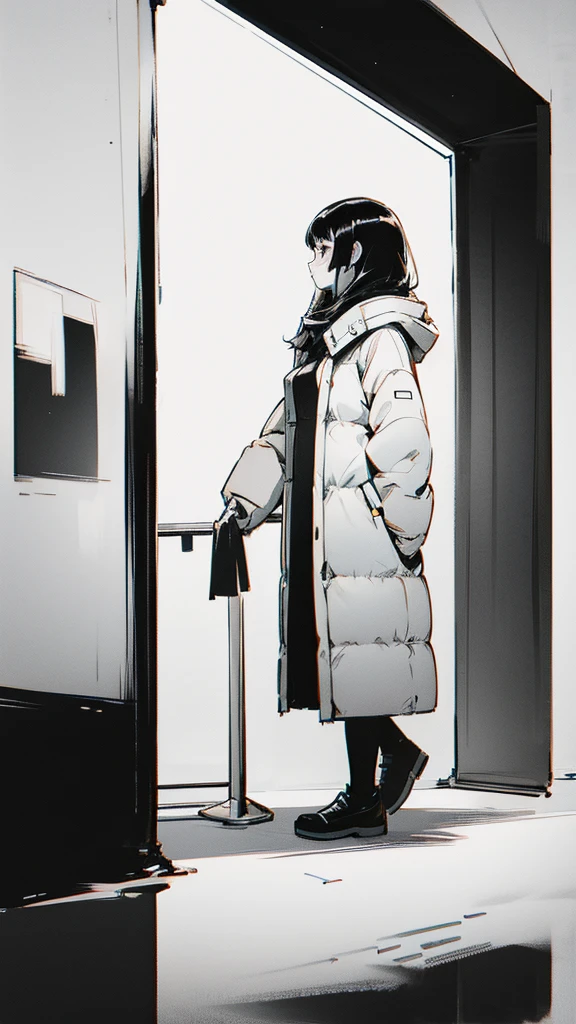 Comic style、black and white、Tone processing、Standing picture、white background、girl in winter clothes