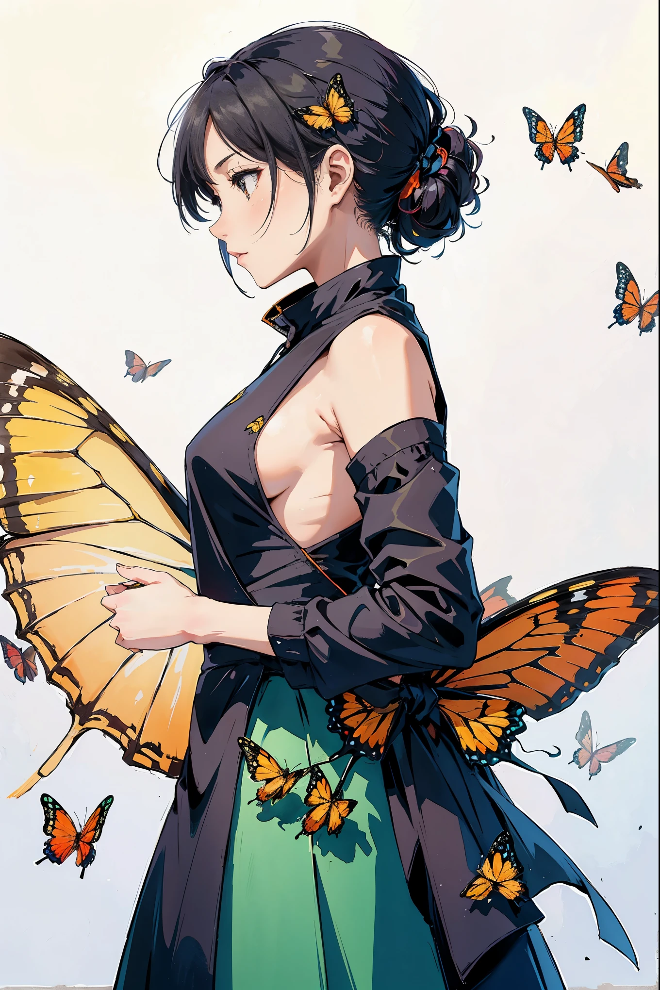 A side profile of a woman, in a contemplative pose. Her silhouette is intertwined with vibrant orange butterfly that appear to be dispersing or dissolving, creating an ethereal and artistic effect. The background is a muted gray, which contrasts sharply with the vivid orange of the butterflys, emphasizing their prominence. The overall mood of the image is one of introspection, possibly symbolizing the transient nature of life or emotions.
