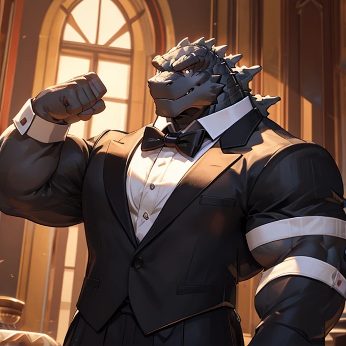 A big strong muscular huge male godzilla with a huge massive penis in a butler outfit and looking at you,he really strong arm and pecs,the outfit is quite tight showing how strong his arms are,he also has really muscular pecs,he is smiling at you,he has a black bow tie on,he is flexing with one arm