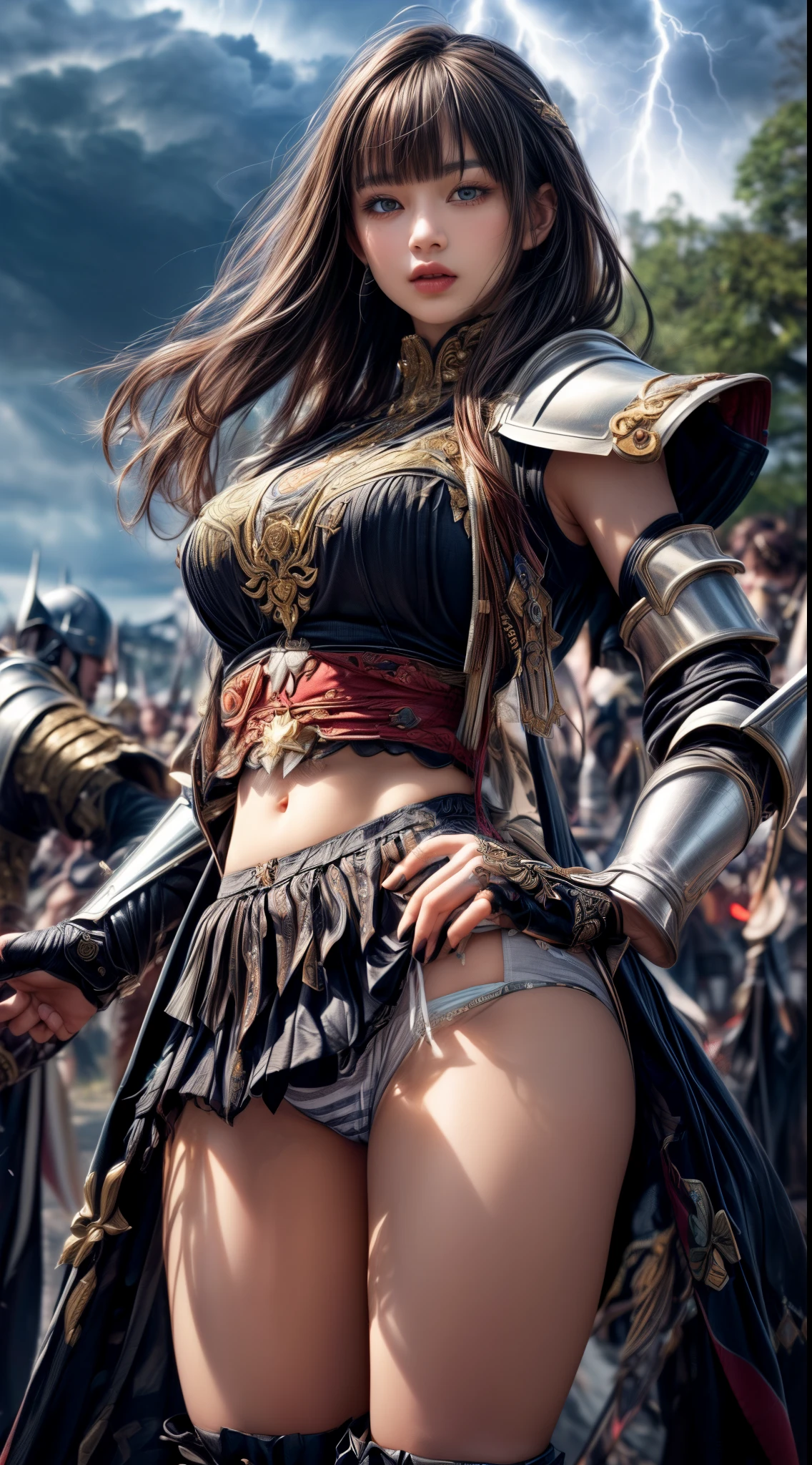 Cowboy Shot、Very beautiful woman、Slender women、(Detailed face)、Realistic Skin、((Demon Knight)), (Black Armor)、((((Black armor with very fine and intricate decoration))))、((Delicate photo)),(Girl Astepeace RAW Photo Details:1.25), (highest quality:1.6), (超A high resolution:1.5), (Realistic:1.75), 8K resolution, Canon EOS R5, 50mm, Absurd, Ultra-detailed,Cinema Lighting,Battlefields of Medieval Europe、((battle))、RPG World、Final Fantasy、(((Embellished skirt)))、Thigh-high socks、Shin Guards、night、((Long hair with bangs,))、Get six-pack、Torn Cloak、Beautiful Armor、(((Giant Sword)))、In combat、The wind is blowing、((Asymmetrical Armor:1.5))、(((thunderstorm)))、((Knight Commander))、(((Leading a large group of black knights)))、Banner、(((Battle Scene)))、((nsfw:1.2))、(((I can see her panties:1.5)))、((windy SkirtLift))