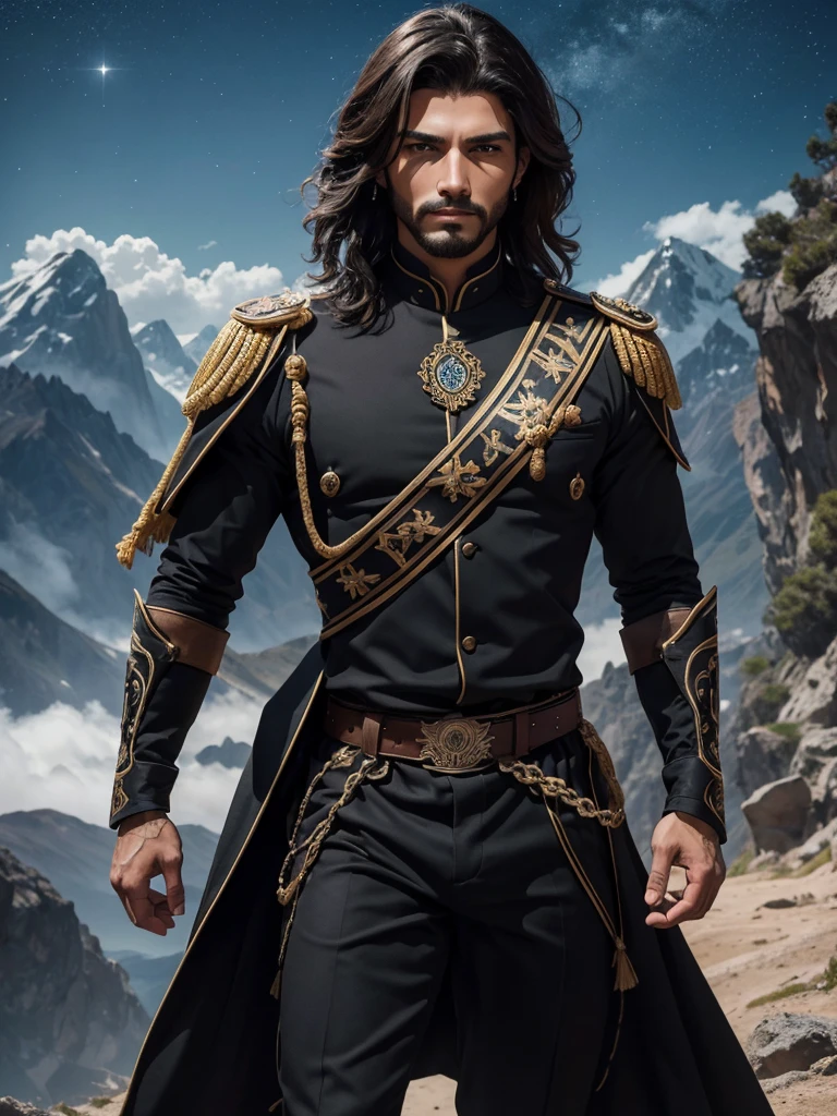 Hombre guerrero llyrio con Alas membranosas. Ojos avellanas. Pelo largo.  Musculoso. Hd. 4k. Traje de combate de cuero negro. Cara angulosa. Hombre Imponente. Three pointed mountain background. Noche estrellada. 