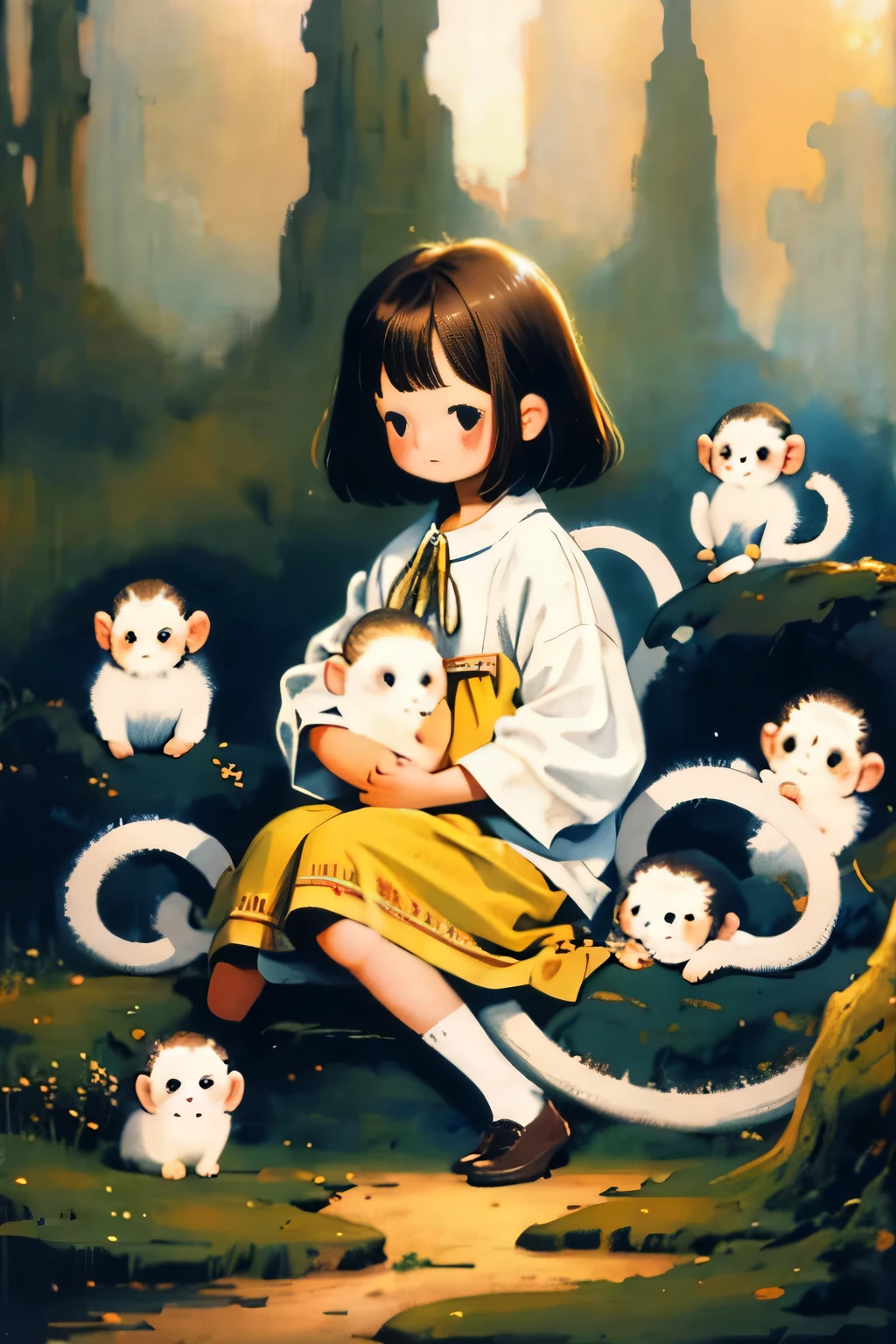(style of Bob Eggleton:0.8), masterpiece, best quality, ultra high res, beautiful, visually stunning, elegant, incredible details, c1b1, chibi, cute, 1girl, monkeys,