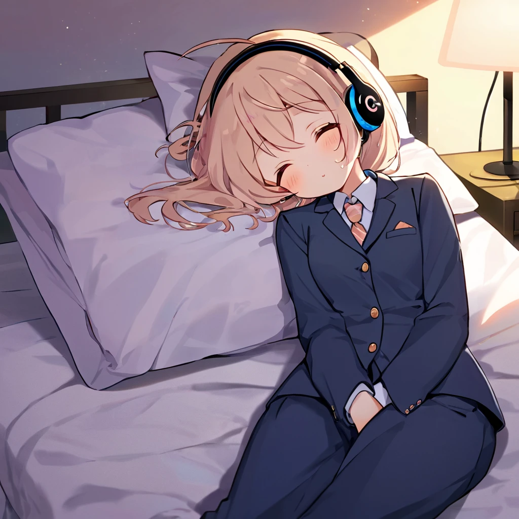A girl, young, 20 years old, counterfeit xl, cartoon, cute, lying on the bed, eyes closed, wearing sweat suits, listening to music, headphones, lights on,