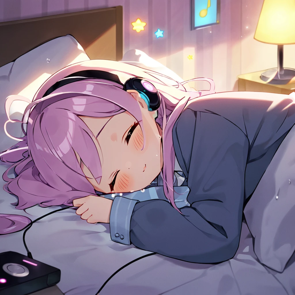 A girl, young, 20 years old, counterfeit xl, cartoon, cute, lying on the bed, eyes closed, wearing sweat suits, listening to music, headphones, lights on, 