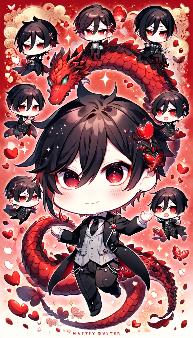 Ultra detailed, Highres, absurdres, HDR, Sebastian Michaelis chibi, black hair, expressive red eyes, black butler clothes with patterns, Kuroshitsuji, fantasy, glittering red butterflies, petals, handsome, man, very detailed eyes and face, master piece, Black Butler, glittering, red ruby lotus, red ruby background, hugging a red dragon, cute, love, magical,