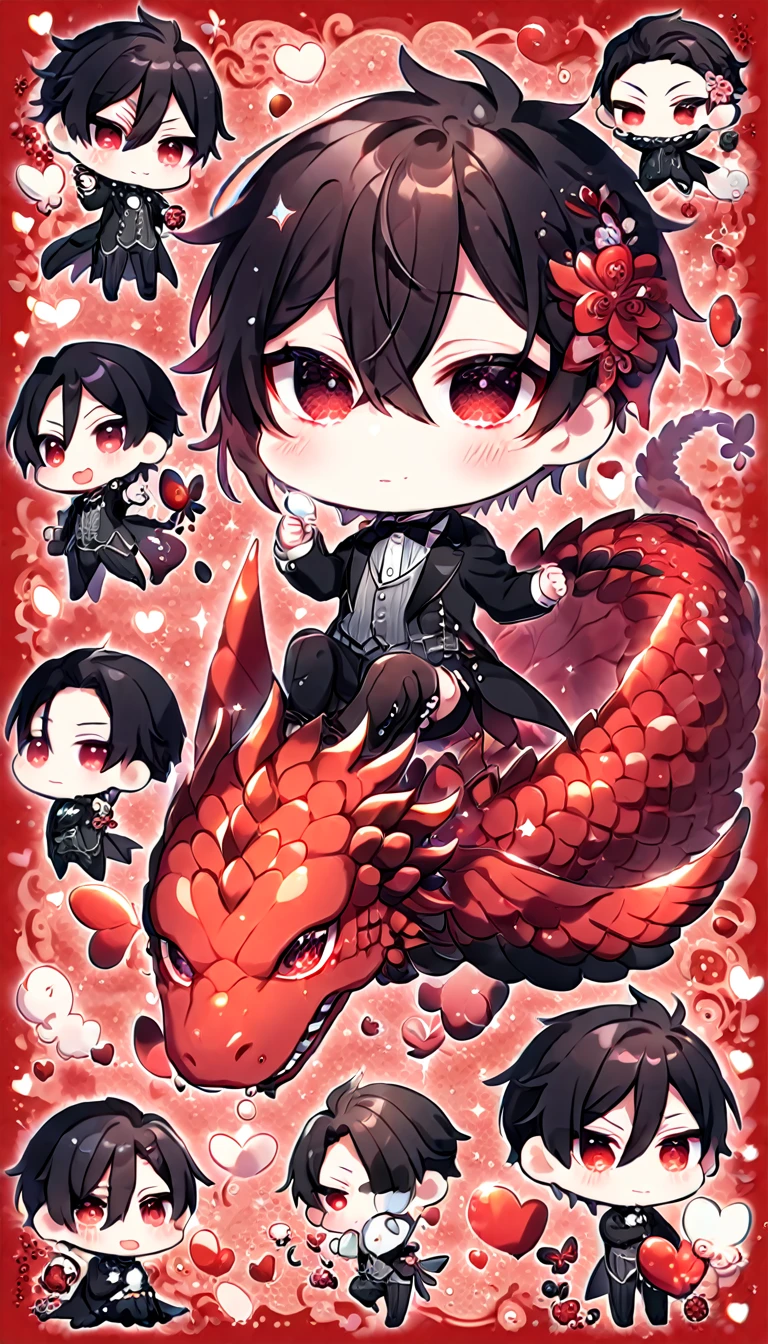 Ultra detailed, Highres, absurdres, HDR, Sebastian Michaelis chibi, black hair, expressive red eyes, black butler clothes with patterns, Kuroshitsuji, fantasy, glittering red butterflies, petals, handsome, man, very detailed eyes and face, master piece, Black Butler, glittering, red ruby lotus, red ruby background, hugging a red dragon, cute, love, magical,
