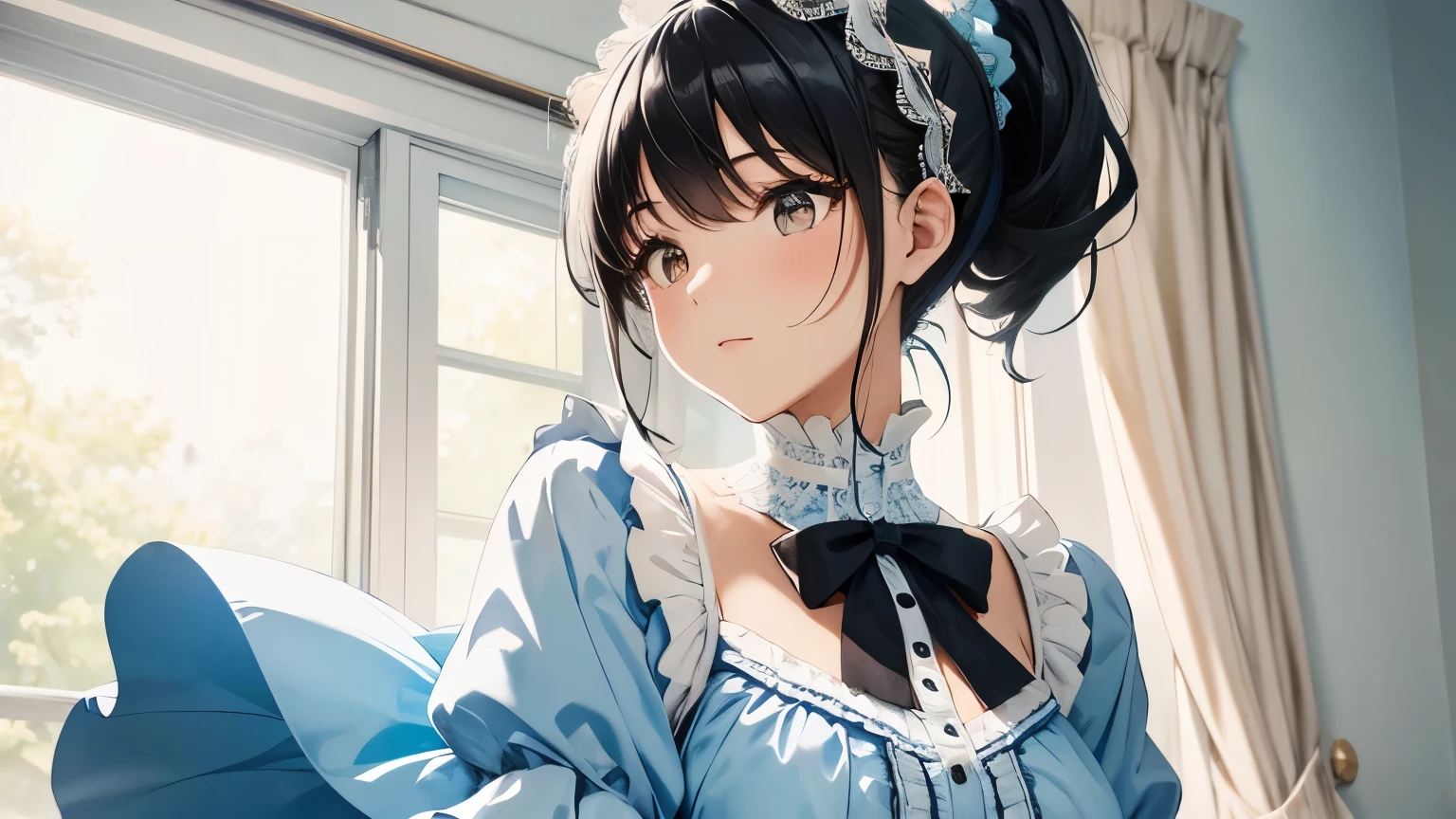 A beautiful woman wearing a light blue and white sweet lolita dress with lots of frills and lace　Black hair ponytail with hair ornament　Upper Body