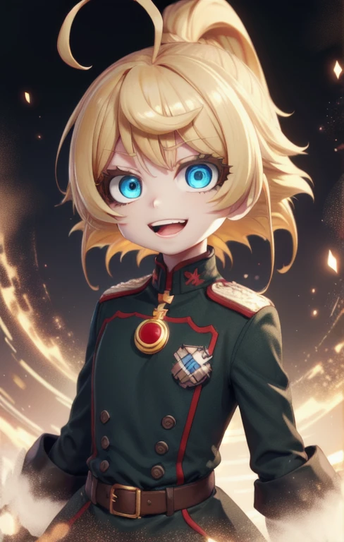 1 girl, cute, (looking at viewer:1.0), adorabel girl, cute face, details sky, handsome, juvenile, ((masterpiece:1.4, best quality)), multiple details, eyeshadow,  (full  shot:1.5), gradiant  eyes,
lora:add_detail:0.8>,  evil,
 blonde hair, ahoge, short hair,military uniform, TanyaTheEvil, blue eyes, open mouth, crazy eyes, evil grin,