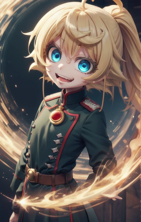 1 girl, cute, (looking at viewer:1.0), adorabel girl, cute face, details sky, handsome, juvenile, ((masterpiece:1.4, best quality)), multiple details, eyeshadow,  (full  shot:1.5), gradiant  eyes,
lora:add_detail:0.8>,  evil,
 blonde hair, ahoge, short hair,military uniform, TanyaTheEvil, blue eyes, open mouth, crazy eyes, evil grin,