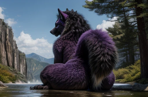 (high quality,4k,8k,highres,masterpiece:1.2),ultra-detailed,(realistic,photorealistic,photo-realistic:1.37),pixiv masterpiece,(intricate details), nsfw, male chubby wet ((feral)) wolf with highly detailed black and purple fur and (((long fluffy hair))), sitting, feral, stunningly sharp-focus, charming chubby body, curvy, huge ass, very big ass, wet ass, wide hips, huge thighs, enchanting black hue, swaying tail, impressive mane, powerful presence, mesmerizing beauty, sexy posture, well-defined claws, sinister-hearted, radiant aura, captivating artwork, artistically rendered, masterful strokes, attention to detail, tasteful composition, alluring charm, careful shading, great attention to anatomy, meticulous rendering, impeccable craftsmanship, vivid colors, perfect balance between realism and fantasy, wet, sweaty, big fluffy tail, thick tail, squish focus, Landscape shot, ((huge haunches, huge hips, huge thighs, huge ass)), ((hyper balls, huge balls, scaled balls, huge fluffy sheath, presenting sheath, canine penis tip, flufffy balls)), huge fluffy tail, leaking precum, animal genitalia