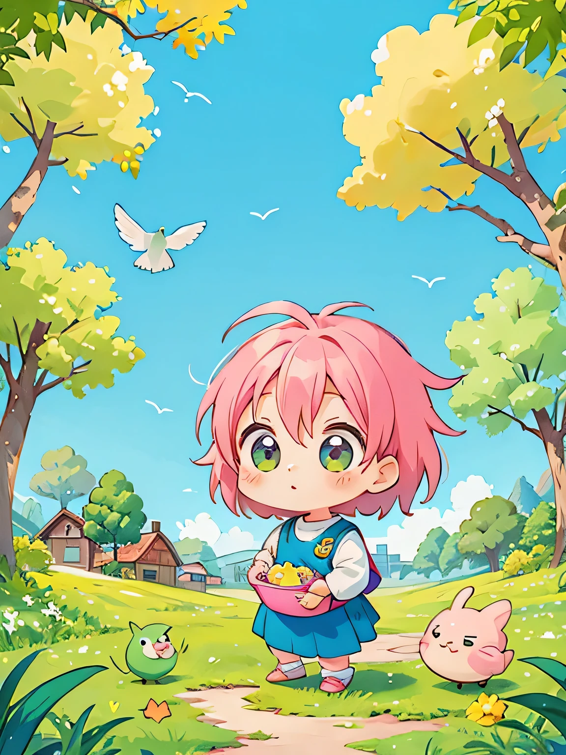 akira toriyama style, Kawaii Design, Chibi, beautiful spring afternoon、birdie