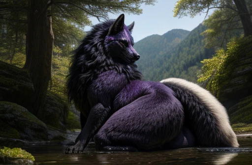 (high quality,4k,8k,highres,masterpiece:1.2),ultra-detailed,(realistic,photorealistic,photo-realistic:1.37),pixiv masterpiece,(intricate details), nsfw, male chubby wet ((feral)) wolf with highly detailed black and purple fur and (((long fluffy hair))), sitting, feral, stunningly sharp-focus, charming chubby body, curvy, huge ass, very big ass, wet ass, wide hips, huge thighs, enchanting black hue, swaying tail, impressive mane, powerful presence, mesmerizing beauty, sexy posture, well-defined claws, sinister-hearted, radiant aura, captivating artwork, artistically rendered, masterful strokes, attention to detail, tasteful composition, alluring charm, careful shading, great attention to anatomy, meticulous rendering, impeccable craftsmanship, vivid colors, perfect balance between realism and fantasy, wet, sweaty, big fluffy tail, thick tail, squish focus, Landscape shot, ((huge haunches, huge hips, huge thighs, huge ass)), ((hyper balls, huge balls, scaled balls, huge sheath, presenting sheath, exposed tip)), huge fluffy tail, leaking precum
