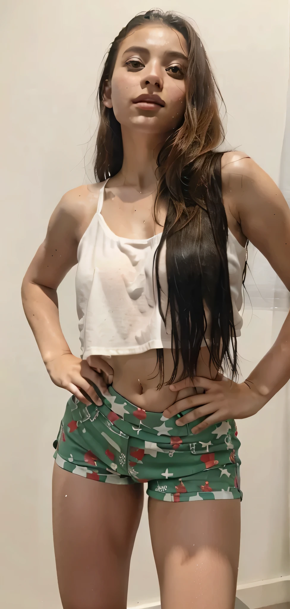 Una chica jovencita, her navel is exposed, tinyest midriff ever, Camisa de corte e abdominais umbigo mostrando, usando um tube-top sexy, Bonito midriff, em uma regata branca cantando, corpo sensual com barriga sexy, olhar sexy, high quality foto, com abdominais