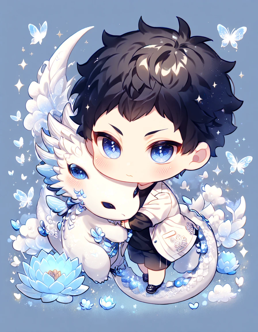 absurdres, highres, ultra detailed, HDR, master piece, best quality, Akaashi Keiji chibi, black hair, expressive dark blue eyes, haikyuu, cute, hugging a white dragon, white jacket, black shirt, patterns, magical, fantasy, blue background, blue lotus, shining, blue petals, blue glittering butterflies