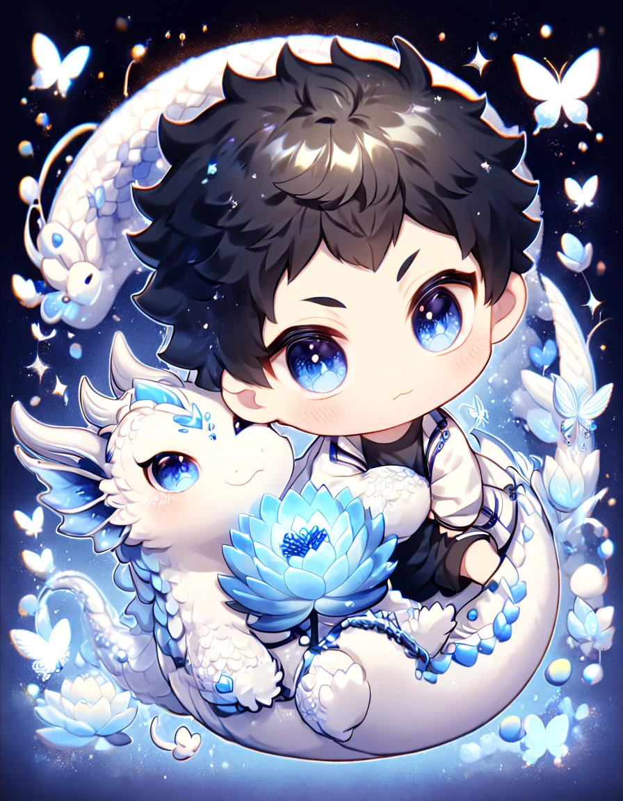 absurdres, highres, ultra detailed, HDR, master piece, best quality, Akaashi Keiji chibi, black hair, expressive dark blue eyes, haikyuu, cute, hugging a white dragon, white jacket, black shirt, patterns, magical, fantasy, blue background, blue lotus, shining, blue petals, blue glittering butterflies
