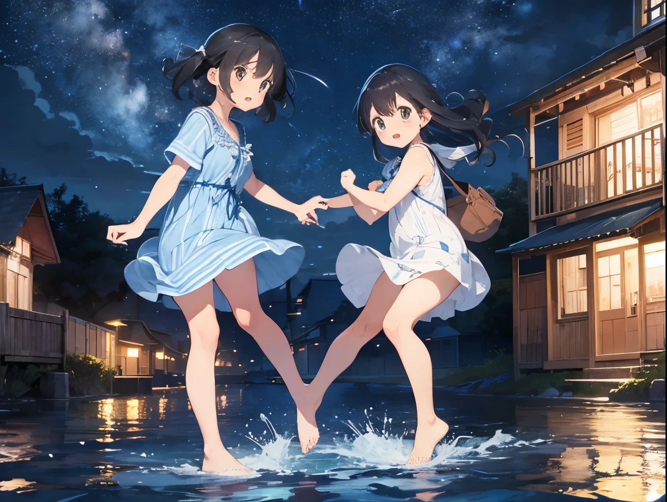 Big Dipper、Night view of the port town and starry sky、Light blue striped shirt dress、Sandals for bare feet、Sisters flipping each other&#39;s skirts、ワンピースがふわりとめくれてCute white underwearが見える、Cute white underwear