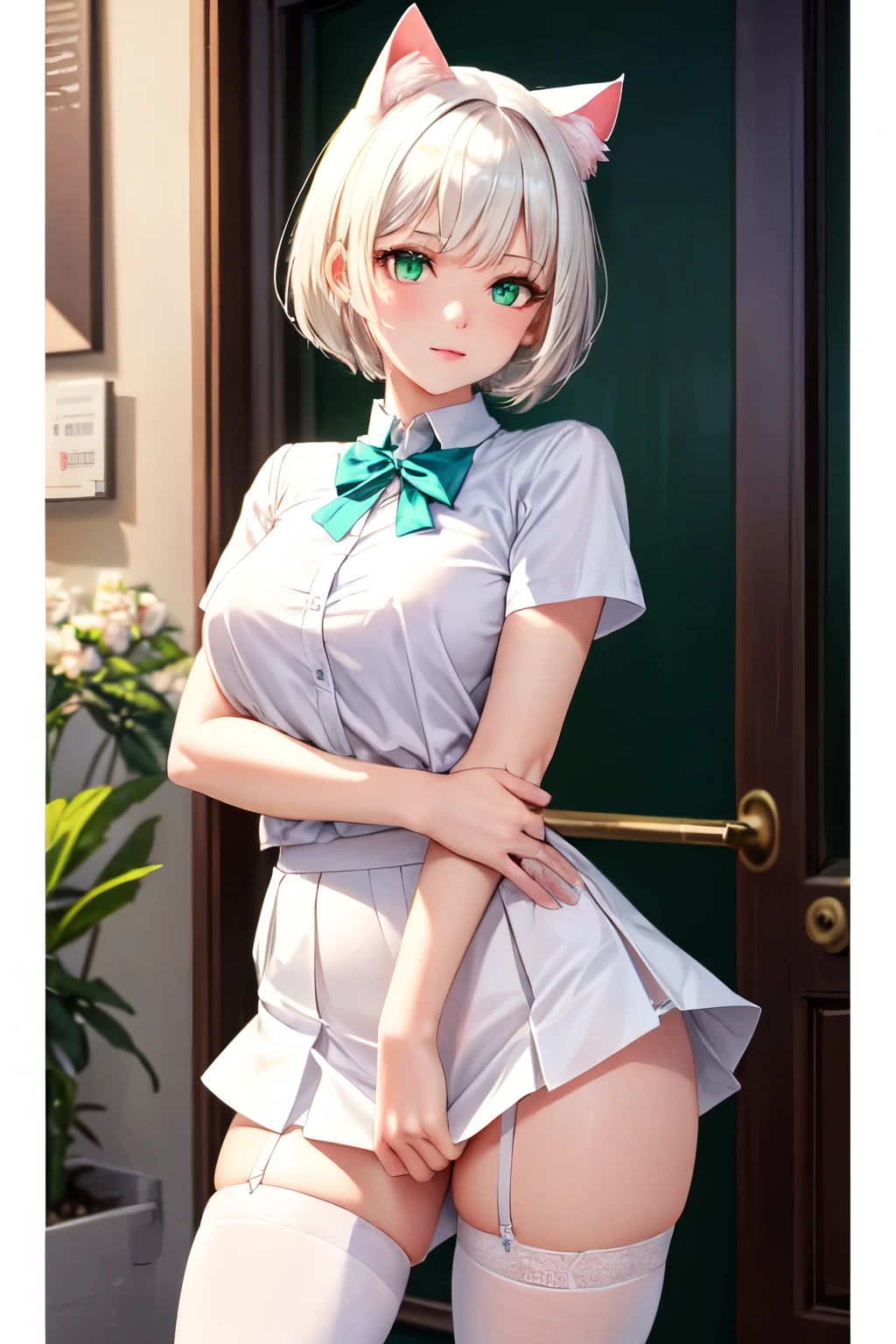 ((best quality)), ((masterpiece)), (detailed), perfect face, white short hair, white cat ears, green eyes, uses a white skirt, 18 year-old girl, white cat tail, pastel pink blouse, white tight stockings, seductive, short skirt, no panties, slut
