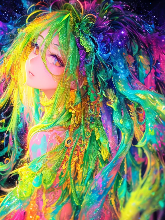 Glow in the dark ,the color glow of Bioluminescent , paint splashing,Captivating psychedelic surreal neon amazing universe beautiful gorgeous women in a bright colorful neon light,Mark Reiden、daniel merriam、Bright neon colors in the style of Frank Frazetta and Boris Vallejo, 、fashion clothes,Sandals,super realism, trippy, ornate, beautiful, fine Detail, intricated detail, Hyper detailed, oil painting, intricate colors,