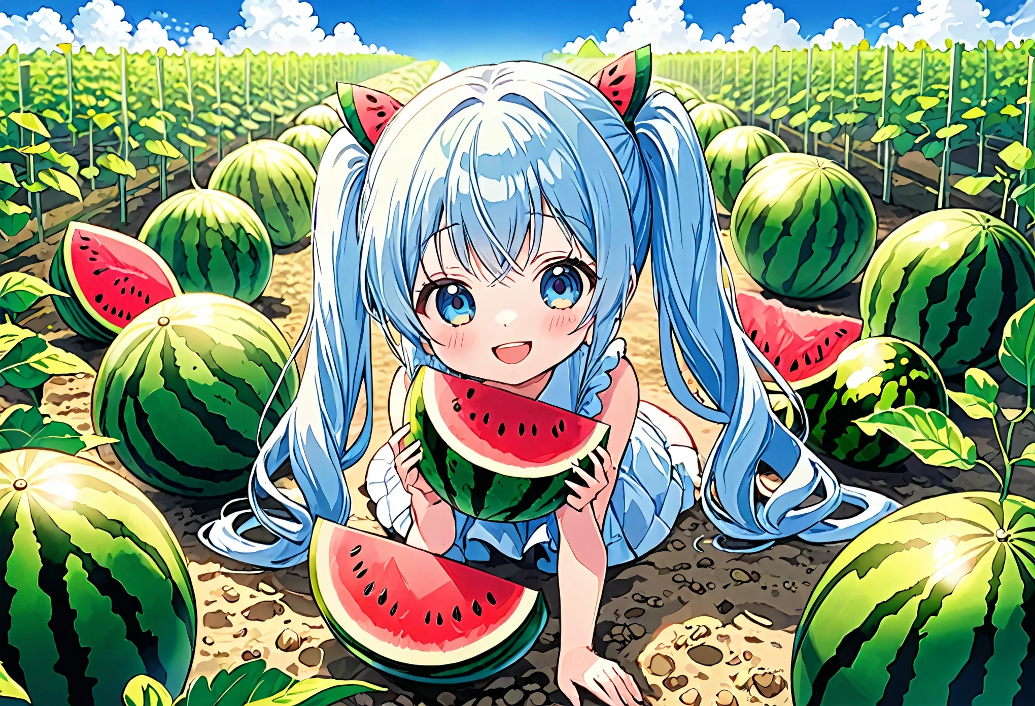 Light blue long hair、Beautiful girl with twin tails、With the chibi characters、A happy smile、沢山のスイカがなっているWatermelon field、Watermelon on the surface、Watermelon picking、Clear blue sky、White cloud、Searching for a big watermelon with the little characters、Watermelon field