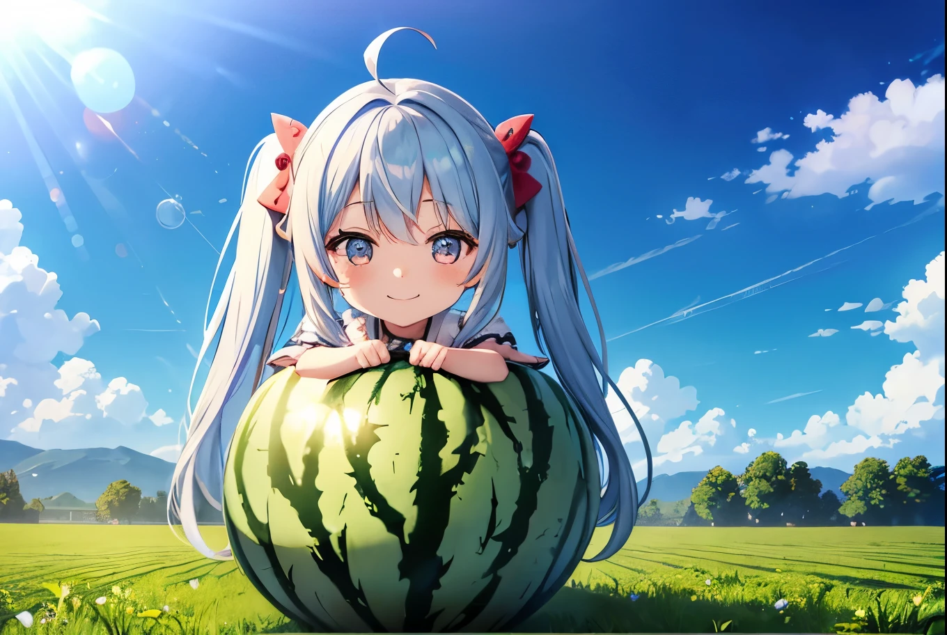 Light blue long hair、Beautiful girl with twin tails、With Chibi Characters、A happy smile、沢山のスイカがなっているWatermelon field、Watermelon picking、Clear blue sky、White cloud、With Chibi Charactersに大きなスイカをさがしている、Watermelon field