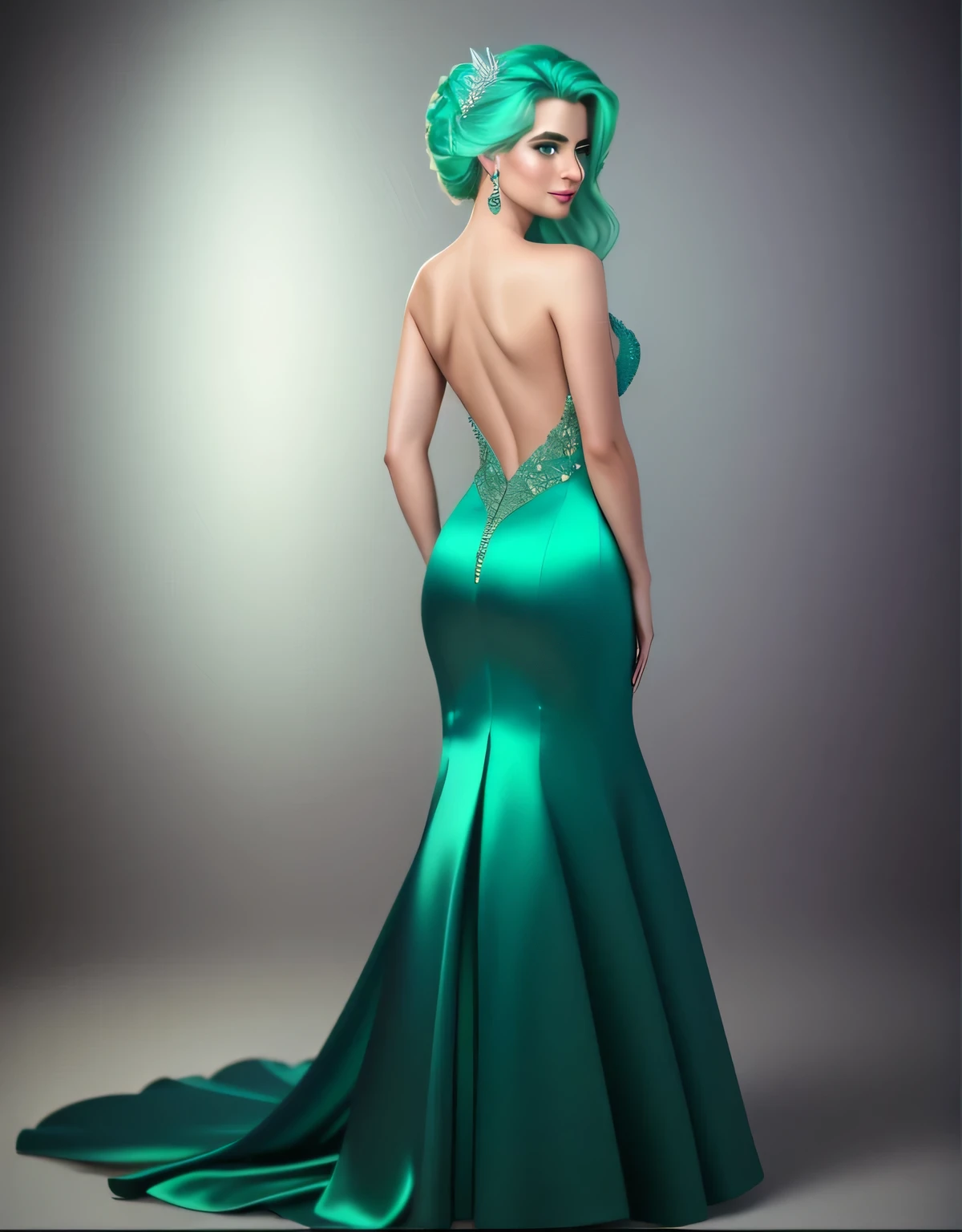 Cocktail_Dress, Masterpiece, high quality, 4K, beautiful design, shiny, from the front, award winning photo, extremely detailed, amazing, fine detail, absurdres, highly detailed green hair woman, extremely detailed, by lee jeffries nikon d850 film stock photograph 4 kodak portra 400 camera f1.6 lens rich colors hyper realistic lifelike texture dramatic lighting unrealengine trending on artstation cinestill 800 tungsten, 1girl, solo, expressive look, (smiling seductively,puffy lips, [Elsa Jean|Sophia Loren]:1.155) HDR, highest quality, sexy dress, sharp focus, looking at viewer, facing viewer, 4k,emerald green eyes beautifully detailed,a woman in a long dress standing in a room, back view, naked back dress , wearing a Cocktail_Dress upper body focus, back muscle