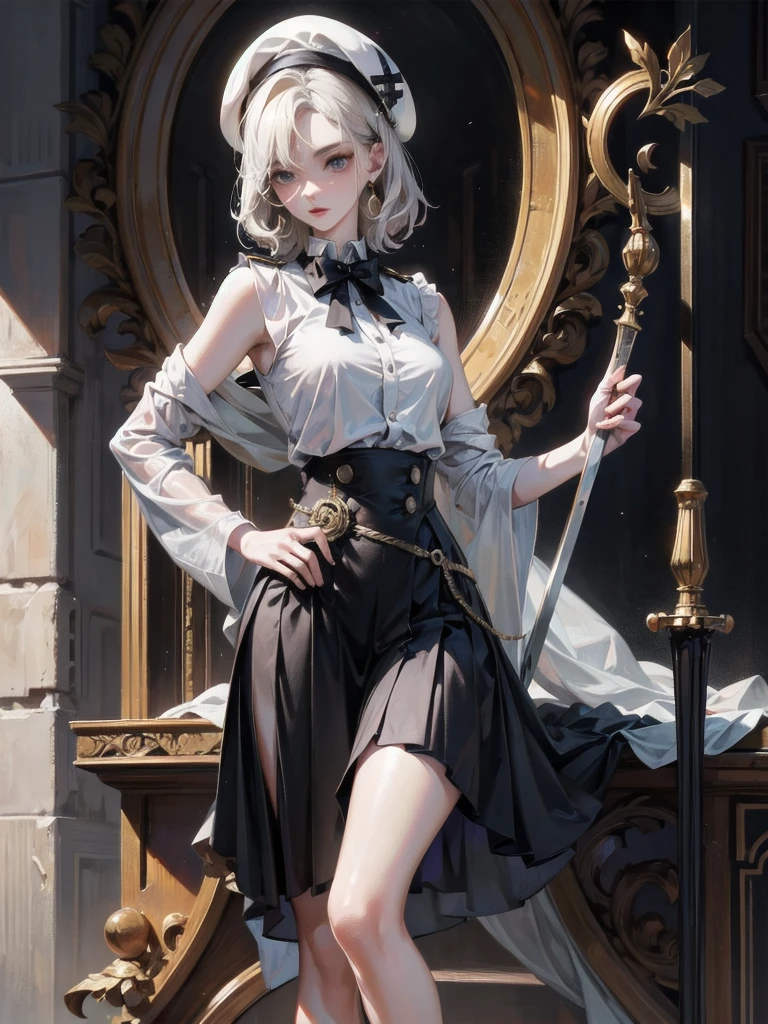whole body, super model, perfect shape, beret, skirt, uniform, holding a sword, absurdres, RAW photo, extremely delicate and beautiful, masterpiece, Best Quality, ultra high resolution, 32k, hyperrealistic, ultra-detailed, perfect figure, detailed description, pale skin, 20 years old, detailed beautiful face and eyes, tearful mole, earring, short medium hair, wavy hair,
